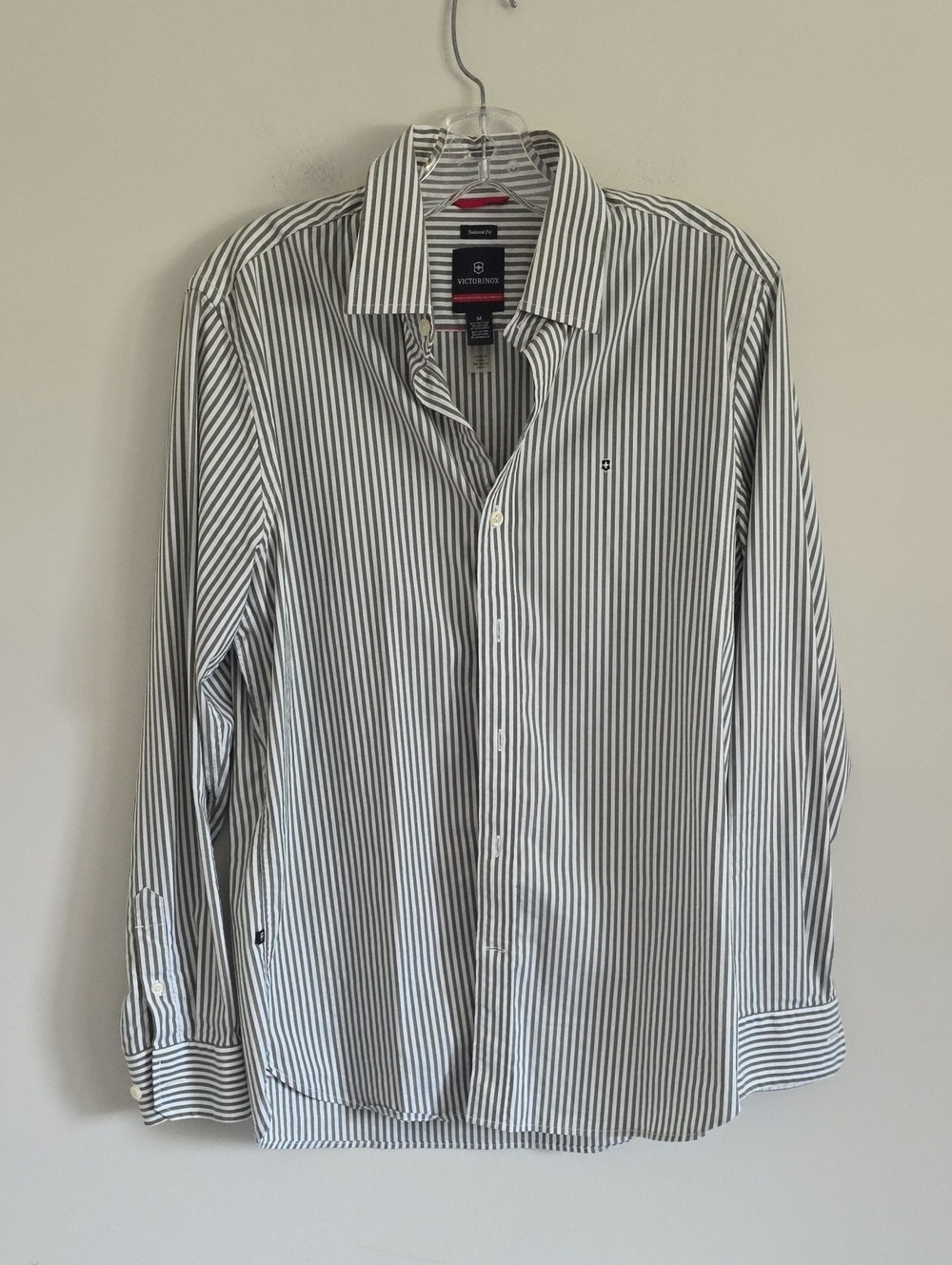 VICTORINOX | button-down shirt classic green and white vertical stripes Sz M